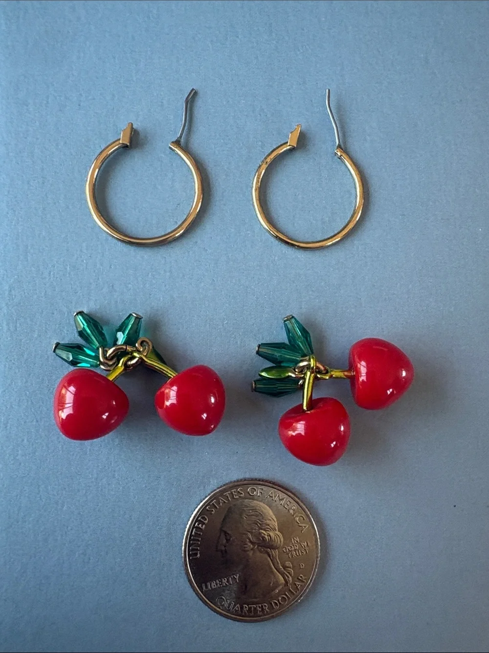 J. Crew Gold Hoop Earrings with Red Cherry and Green Leaf Charms